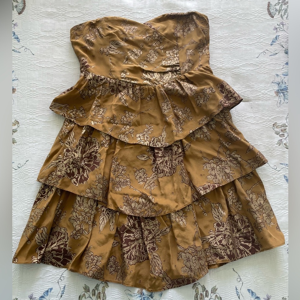 Anthropologie Floral Tiered Ruffle Silk Strapless Dress